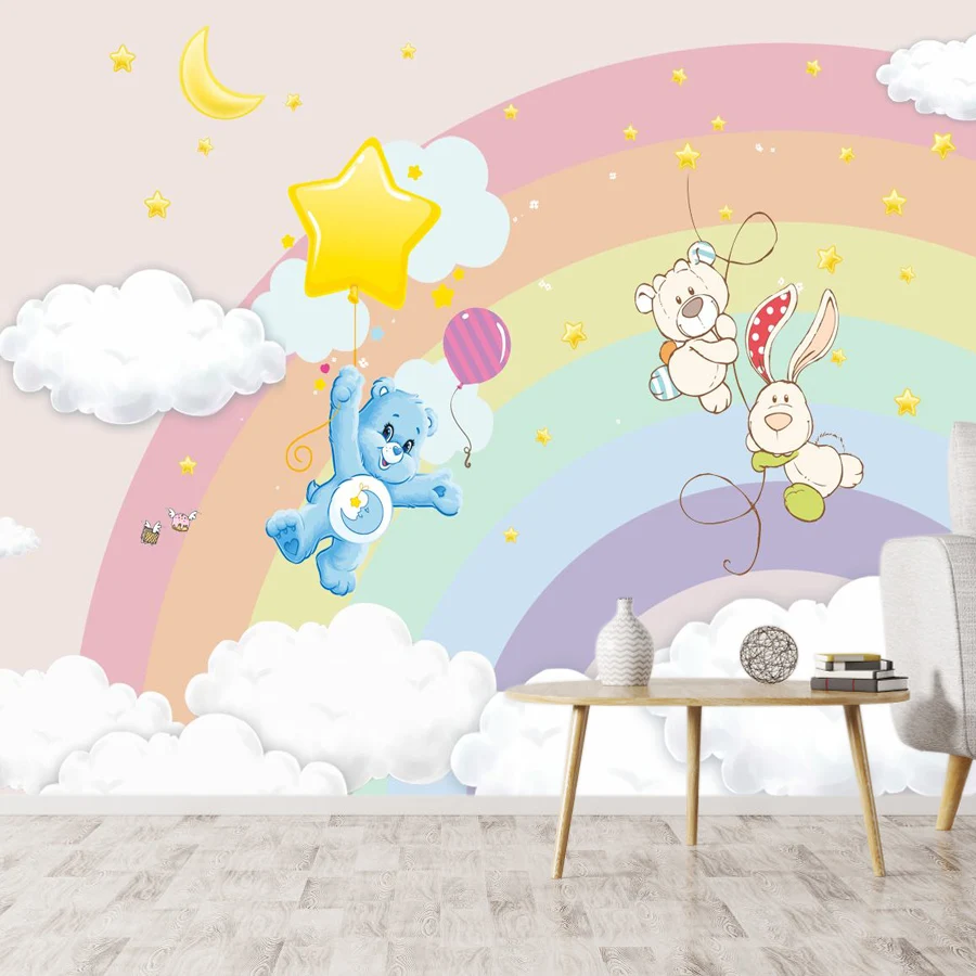 Custom Peel and Stick Wallpapers Accept for Living Room Cartoon Nursery Kids Animal Rainbow Wall Papers Home Decor Panel Prints