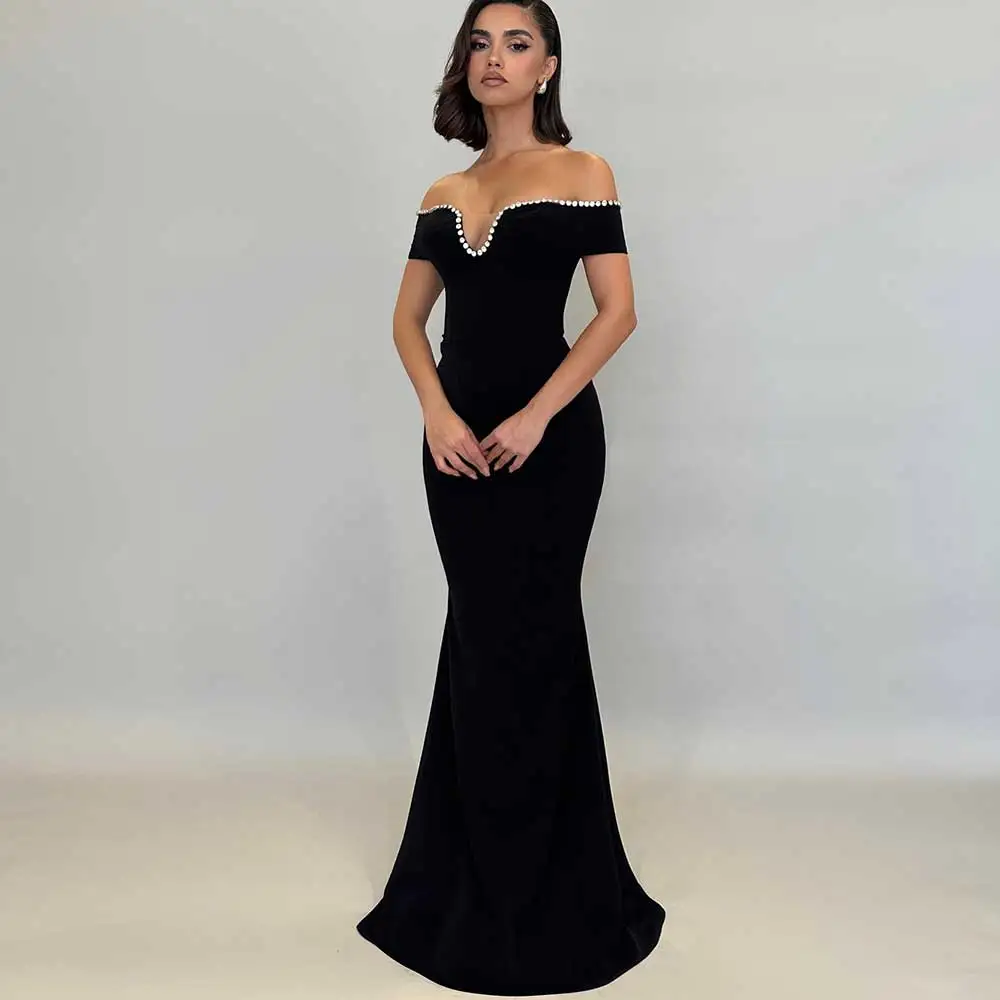 

Dubai Women's Mermaid Black Evening Gown Off The Shoulder With Crystal Short Sleeves Jersey Backless Draped Sexy es