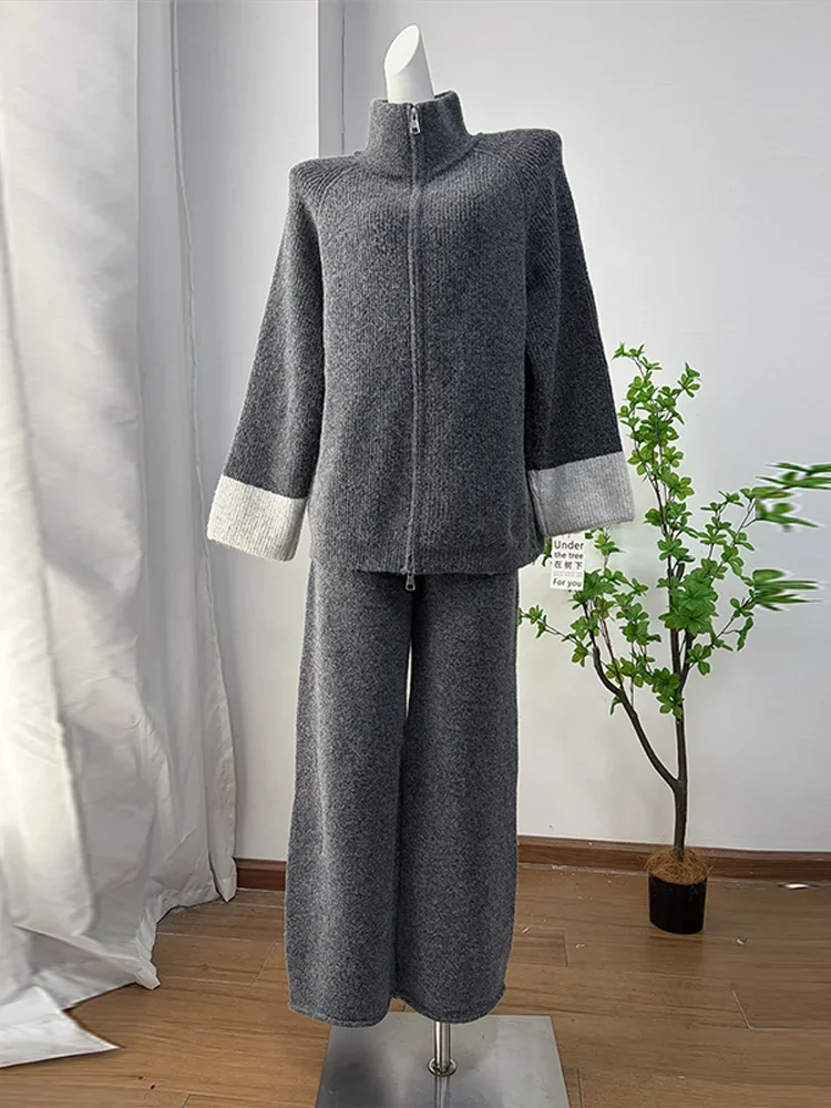 Zweiteiliges Damen-Strickset mit Cardigan und Hose, Reißverschluss-Oberteil mit Reverskragen, weit geschnittene Hose, gestricktes Set für den Alltag im Herbst – Detail 4