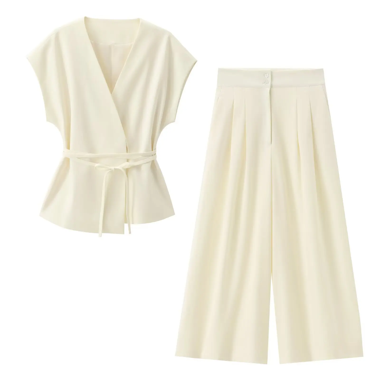 

Summer Two Piece Pant Set Women Stylish Versatile V-neck Vest High Waist Wide Leg Pants Casual Set Blended Double-breasted Pant
