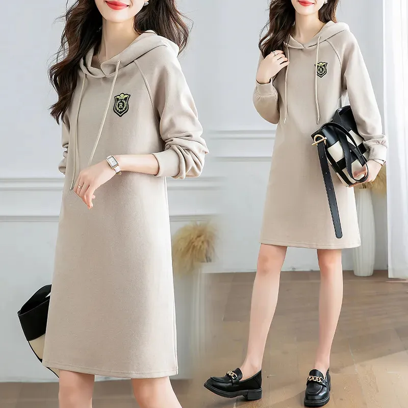 Cotton Sweater Dress Spring 2023  of Sports and Leisure Loose Slim Hooded Sweater Dress Female