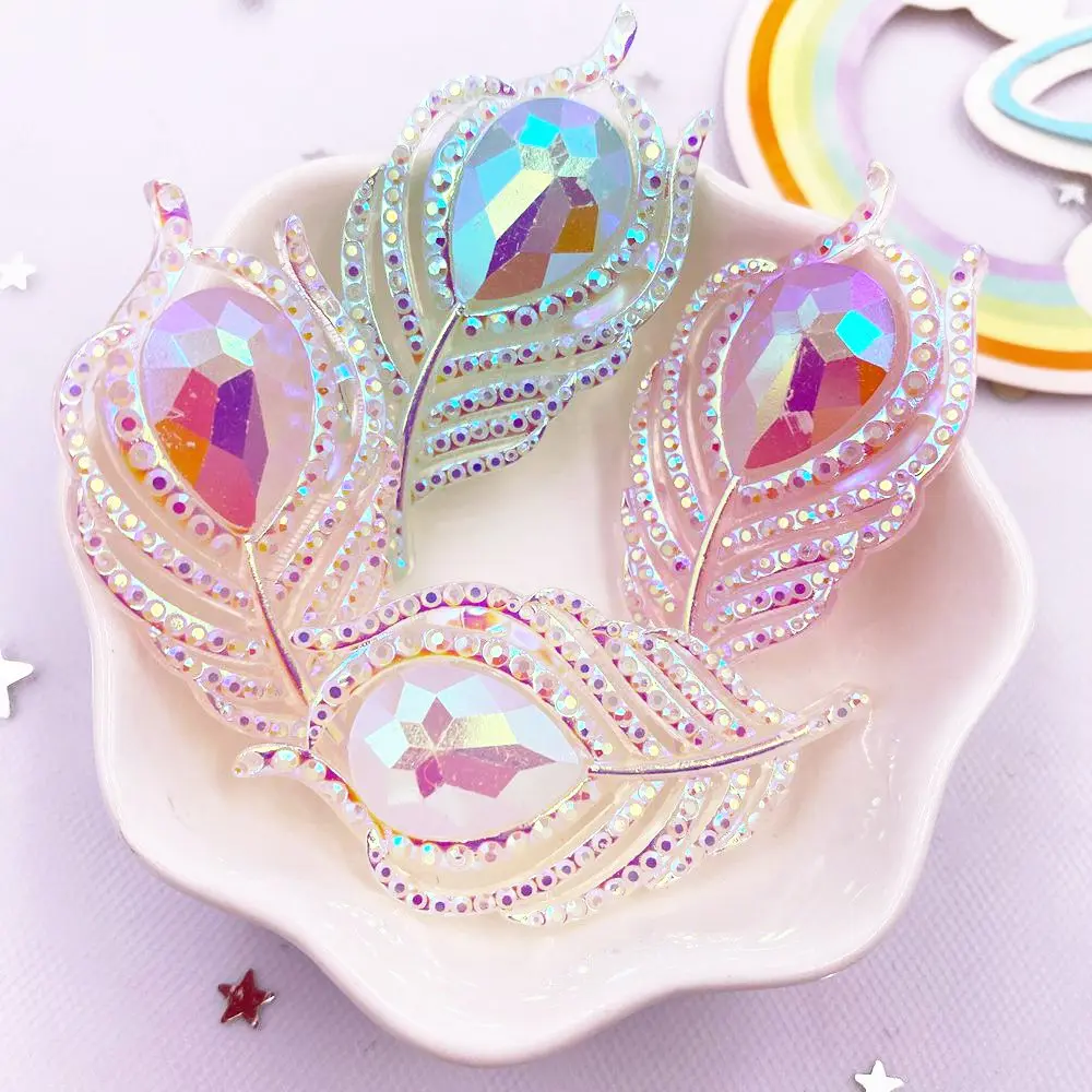 6PCS Glitter  AB Resin Noctilucent 3D Big Peacock Feathers Flatback Rhinestone Scrapbook DIY Applique Figurine  Gem Crafts OL699