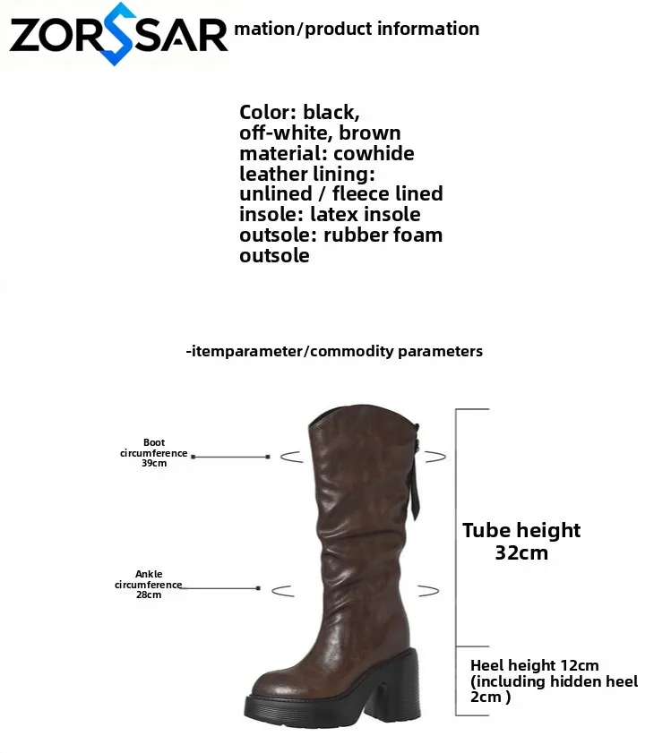 Genuine Leather Knight Boots Upper Square Toe Super Thick Heel Plush Lining Women's Knee Boots Platform Side Zipper Boots 32-40