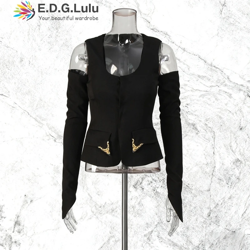 

EDGLuLu 2025, новая мода, U-образный воротник, металлический карман, сращенный топ, черный пуловер с открытыми плечами и длинными рукавами, топ 1109