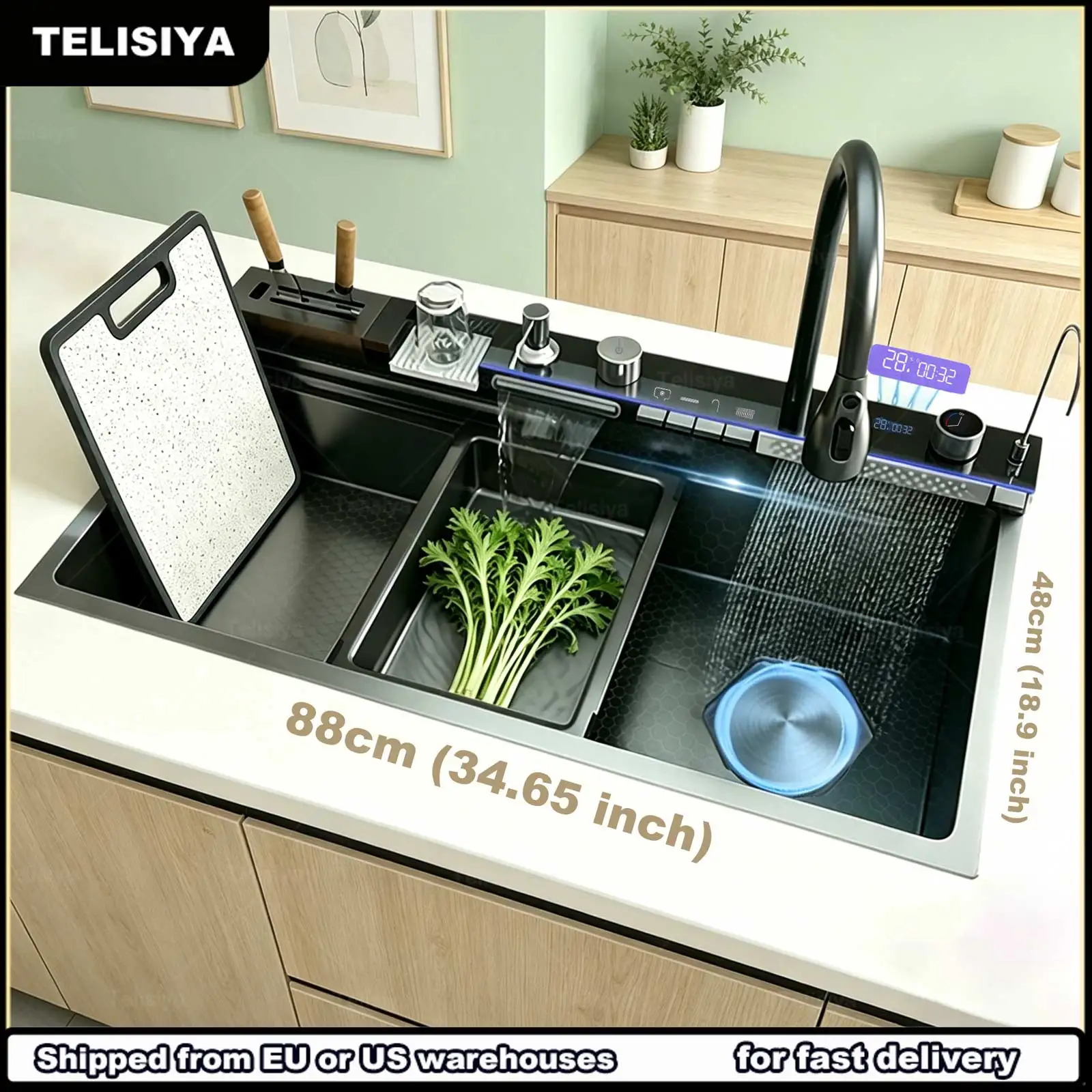 Stainless Steel  Kitchen Sink Waterfall Large Single Bowl Multifunctional Dishwashing Sinks Washing vegetables and dishes