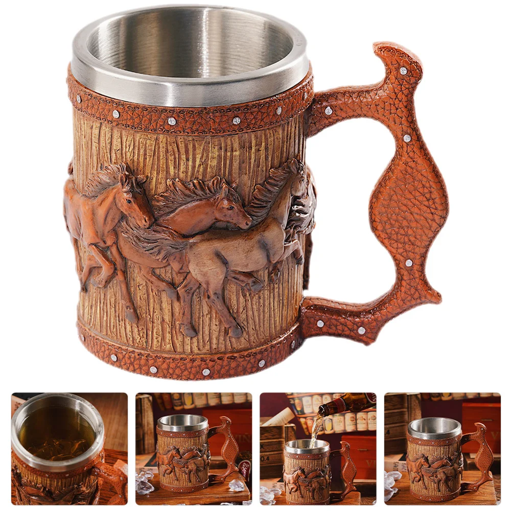 

Vintage Beer Mug with Horse Pattern Design Thickened Resin Material Non-Skid Bottom for Bar Coffee Soda Water Portable Creative