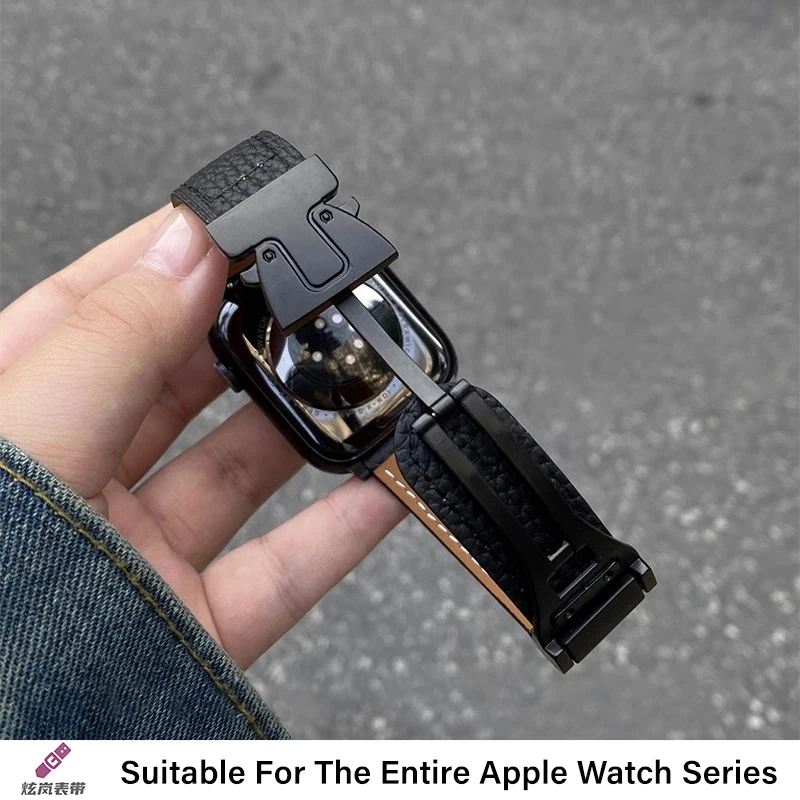 Apple Watch用レザーストラップ,iwatchシリーズ10用磁気アンブレラバックルブレスレット,ウルトラ9,8,7,46mm,49mm, 45mm, 41mm, 44mm, 42mm