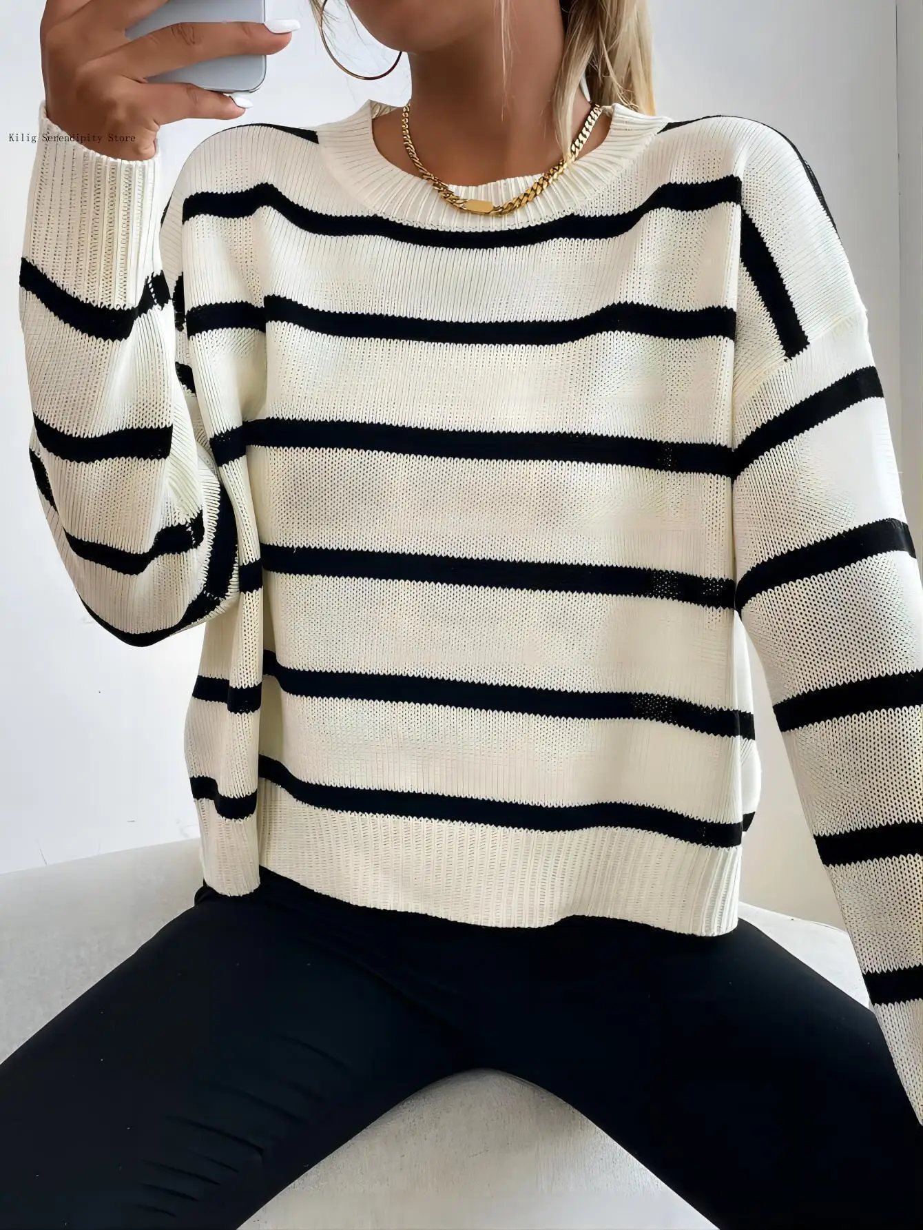Women's Spring and Autumn Casual Black and White Striped Pattern Crewneck Knitted Sweater Long-Sleeved Colorblock Pullover