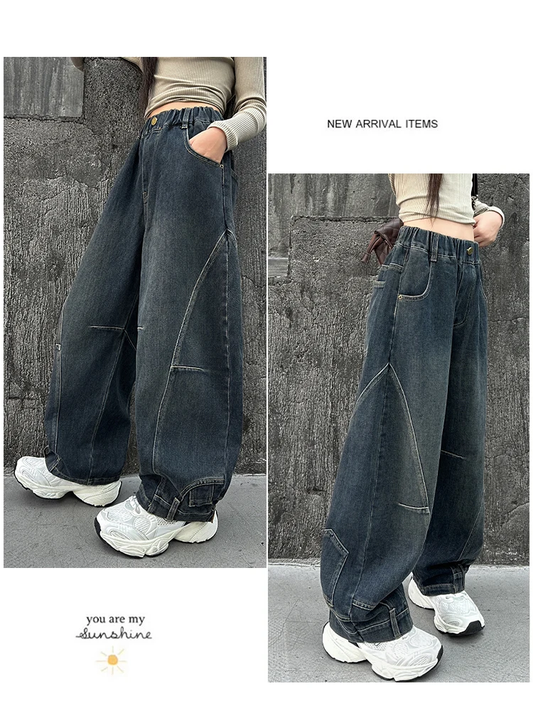 Neues Design Baggy Jeans für Mädchen, Herbst, locker, lässig, elastische Taille, Teenager-Kinder, weite Hosen, Streetwear, Kinderhosen – Detail 4