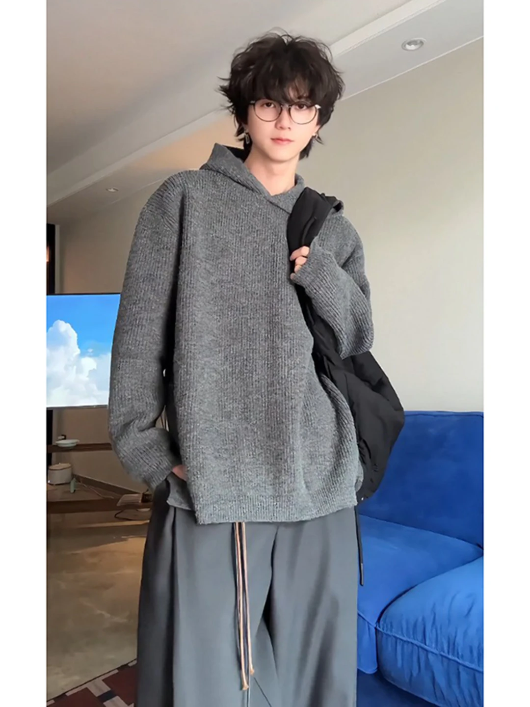 

ay Lazy Sle Hoodie Knitted Sweater Men's Loose Fit Autumn Casual Soft Polyester Fiber Long Sve Overcoat