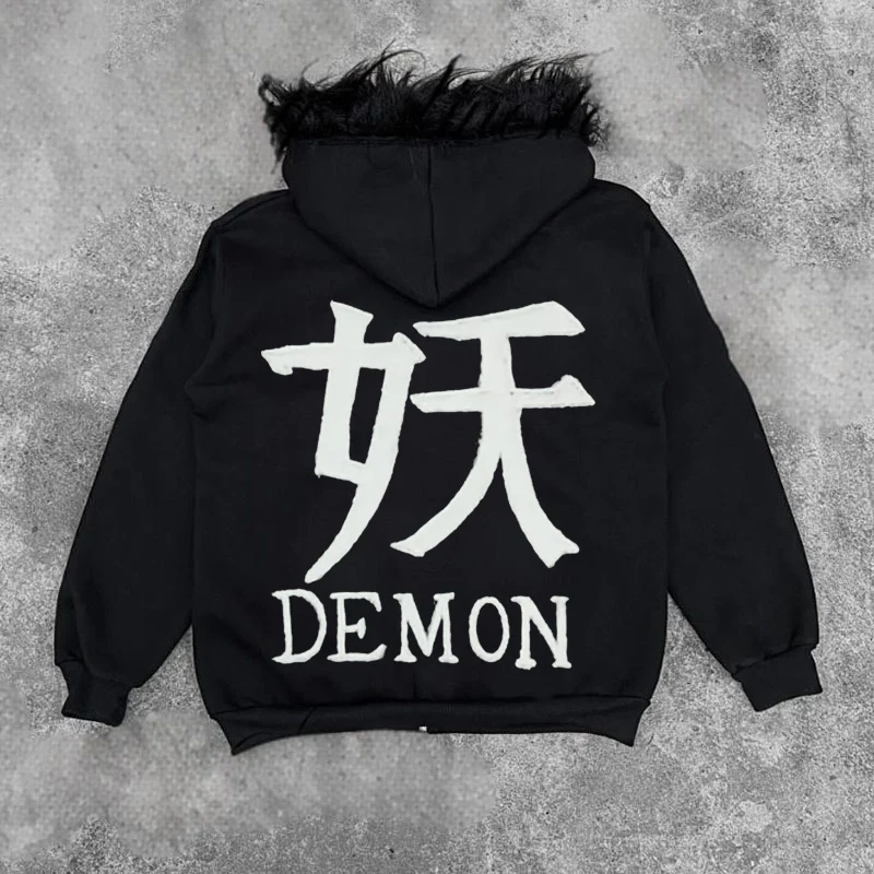 

European and American style new plush trimmed decorative jacket with Chinese character monster pattern printed on top Harajuku