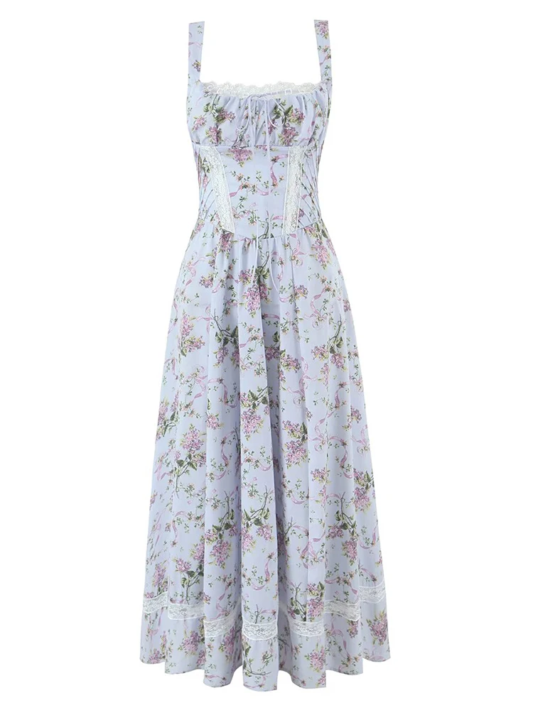 الدانتيل ديكور الصيف فستان المرأة الأزهار المطبوعة ميدي فستان الحفلات أنيقة ريترو بوهو فساتين Vinatge ألف خط الشاطئ Vestidos 2025