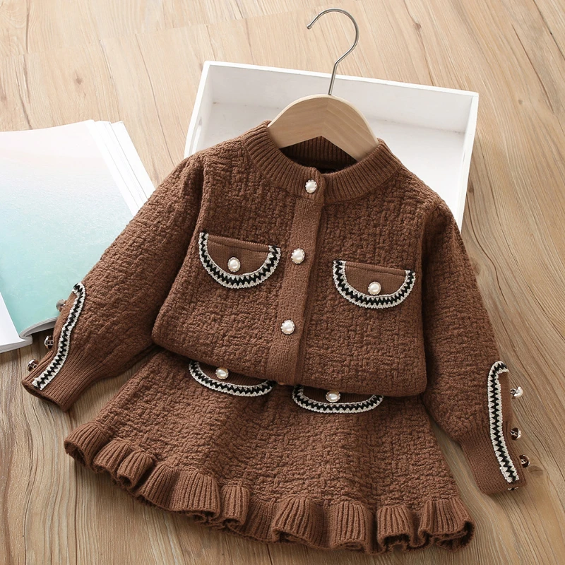 Girls' Sweater Set Autumn and Winter New Children's Small Fragrant Wind Long-sleeved Cardigan Sweater + Skirt Two-piece Set 2-6y