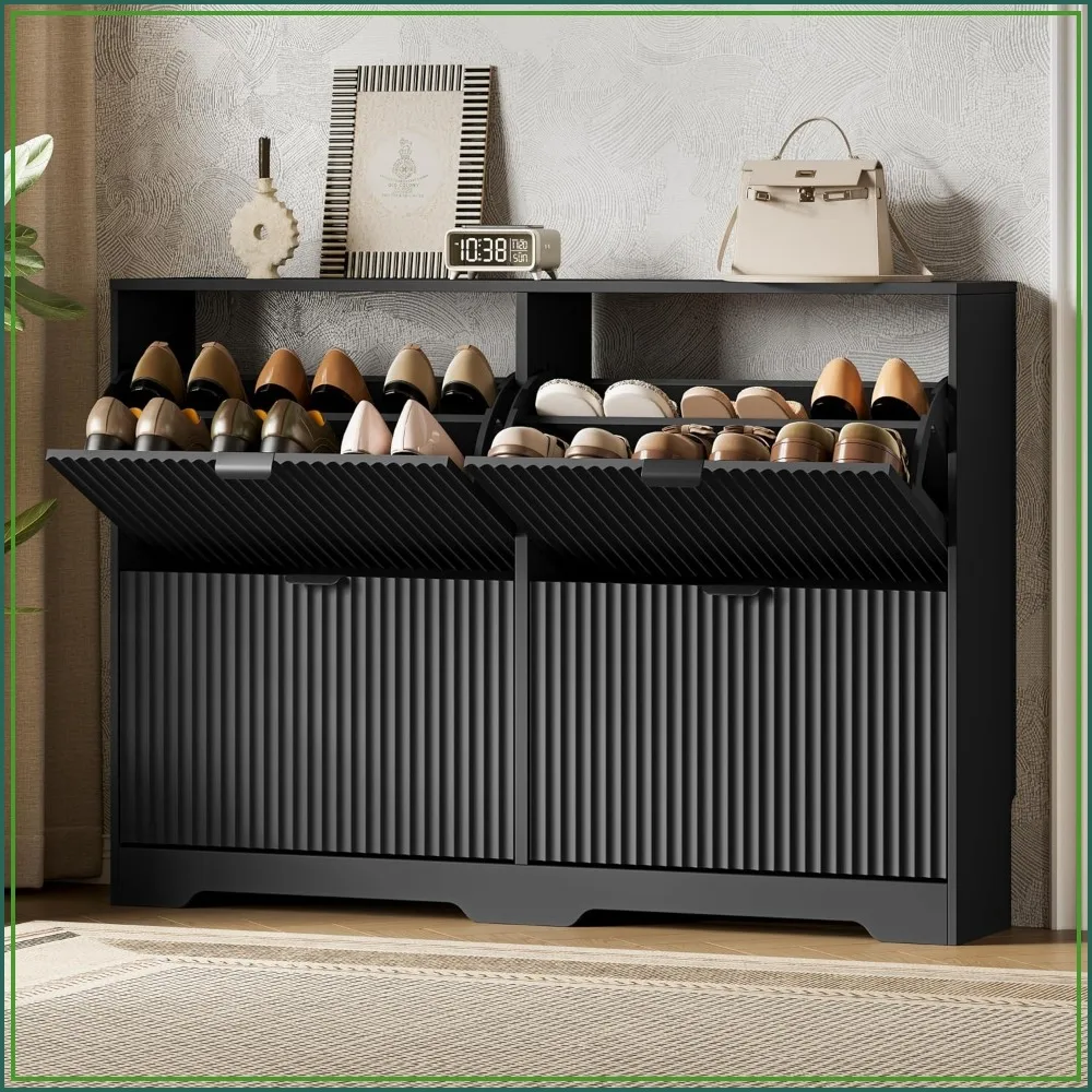 Shoe Storage Cabinet for Entryway, 4 Flip Drawers, Slim Wood Organizer, Black