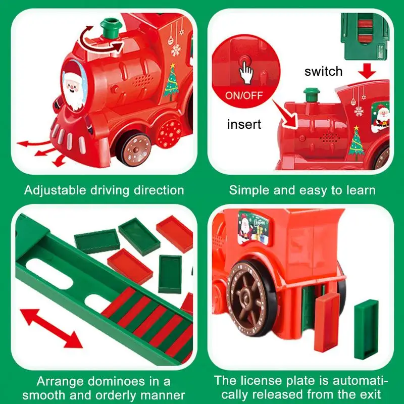 Blocos de construção Domino Train para crianças, deitado automático, brinquedo elétrico, luzes e música, Natal