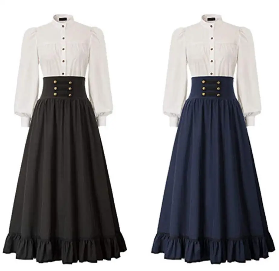 

Викторианская средневековая юбка 19 века, женское однотонное платье эпохи Возрождения с высокой талией, карнавальный костюм, свободные юбки с рюшами по подолу