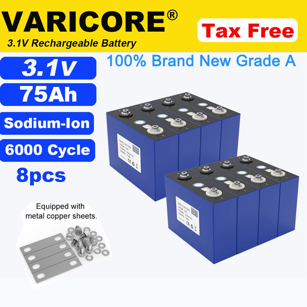 

8pcs 3.1V 75Ah Sodium-Ion Battery 20c Resistant low,high Temperature DIY 12v 24V Motorcycle Electric Car travel Solar Golf Cart