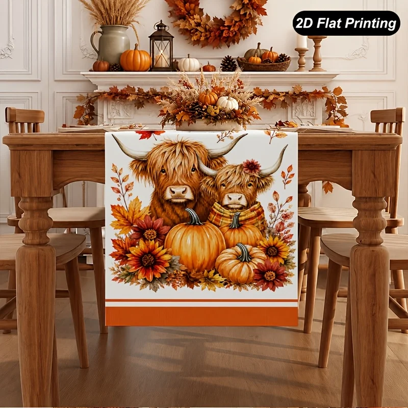 Fall Highland Cow Table Runner and Placemats  2D Flat Printed Autumn Pumpkin Sunflower Maple Leaf Table Decor for Thanksgiving