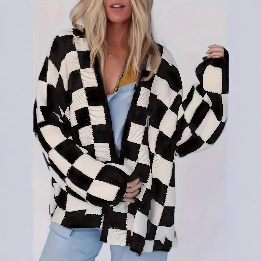 

Hot-selling Women's Warm Long Sleeve Oversized Plaid Print V Neck Checkered Cardigan for Fall & Winter Outdoor clothing