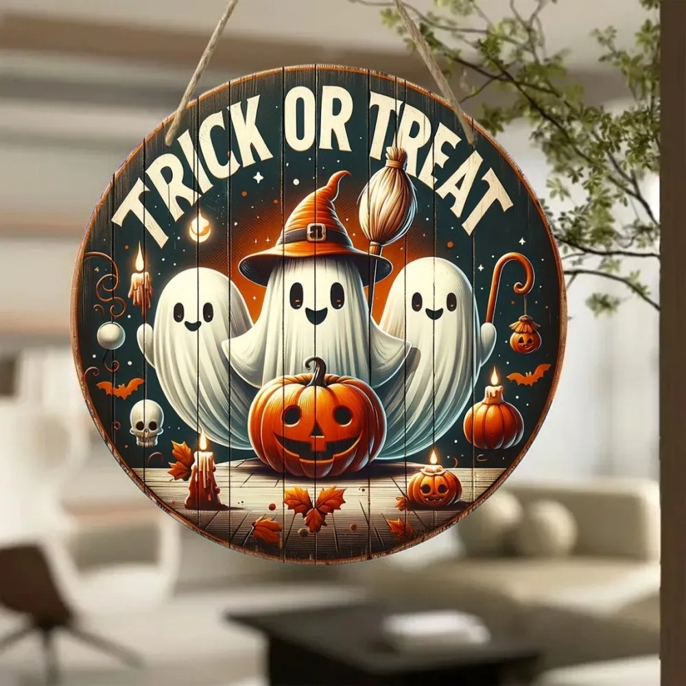 2D Retro Halloween Circular Wooden Sign - 'Trick or Treat' Pattern, Suitable for Home, Porch, Party, Holiday Decoration, Gifts