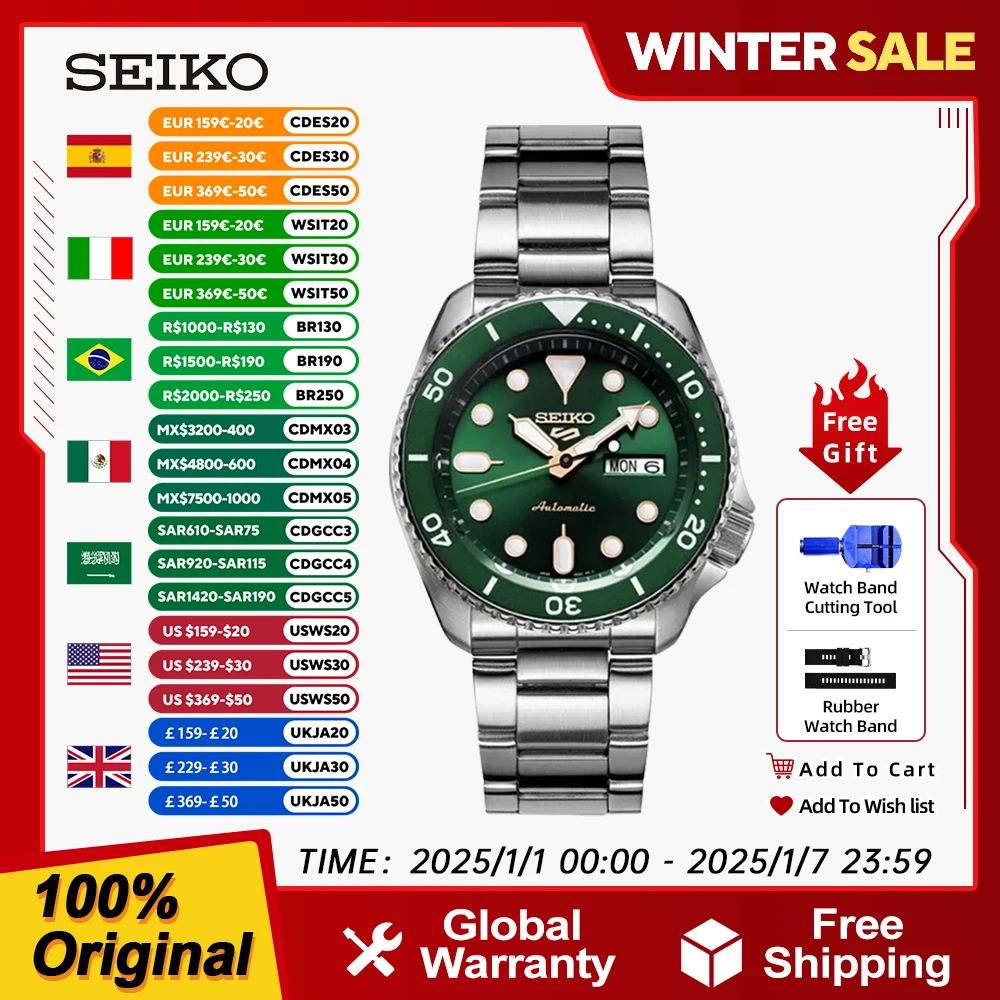 Original NEW SEIKO 5 Men's Automatic Mechanical Watch Luminous 10Bar Waterproof Fashion Sports Watches Steel strip SRPD63K1