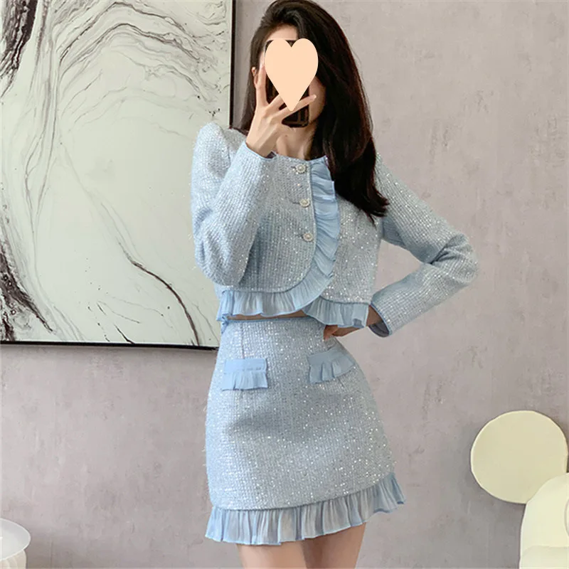 Women's Tweed 2 Pcs Set Short Jacket & Short Skirt Autumn Winter Fashion Outfit with Small Fragrance Set