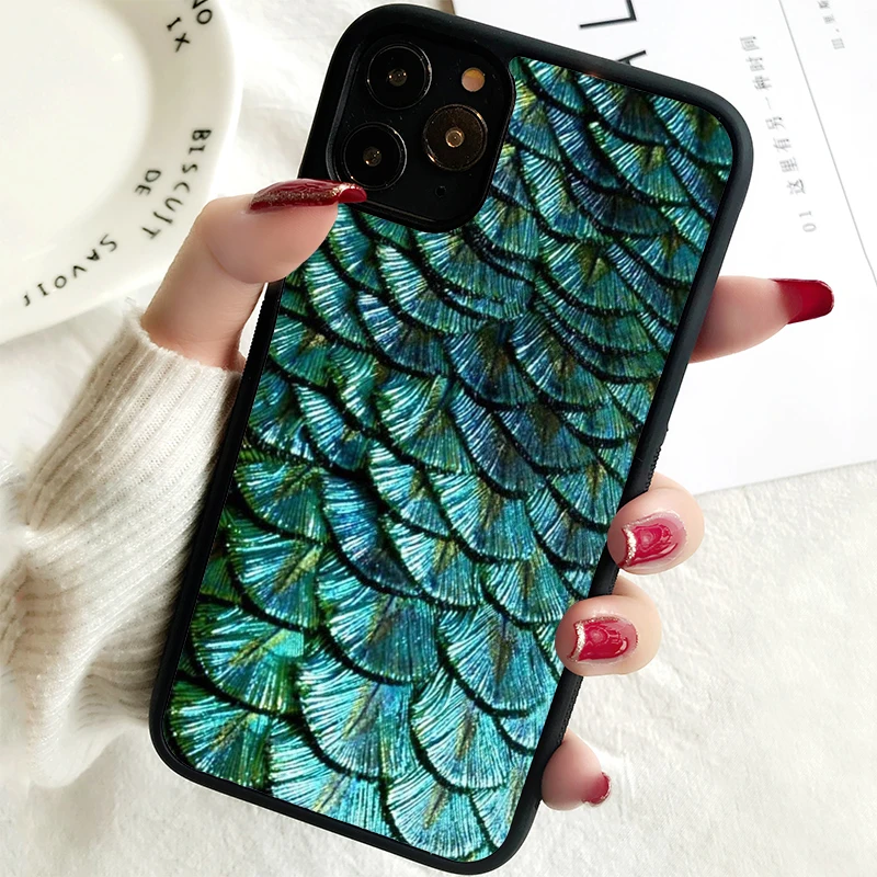 5 5S SE 2020 Phone Cover Case for iPhone 6 6S 7 8 PLUS X XS XR 11 12 13 MINI 14 PRO MAX Rubber  iridescent green feathers