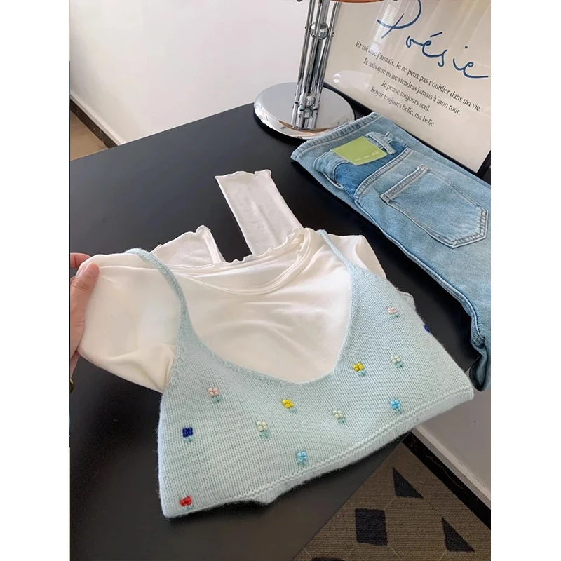 가을 패션 여성 트렌디 2025 신상 투피스 세트 니트 스웨터 롱 슬리브 레이어링 아우스피어 탑 프렌치 스타일 폴리에스터...