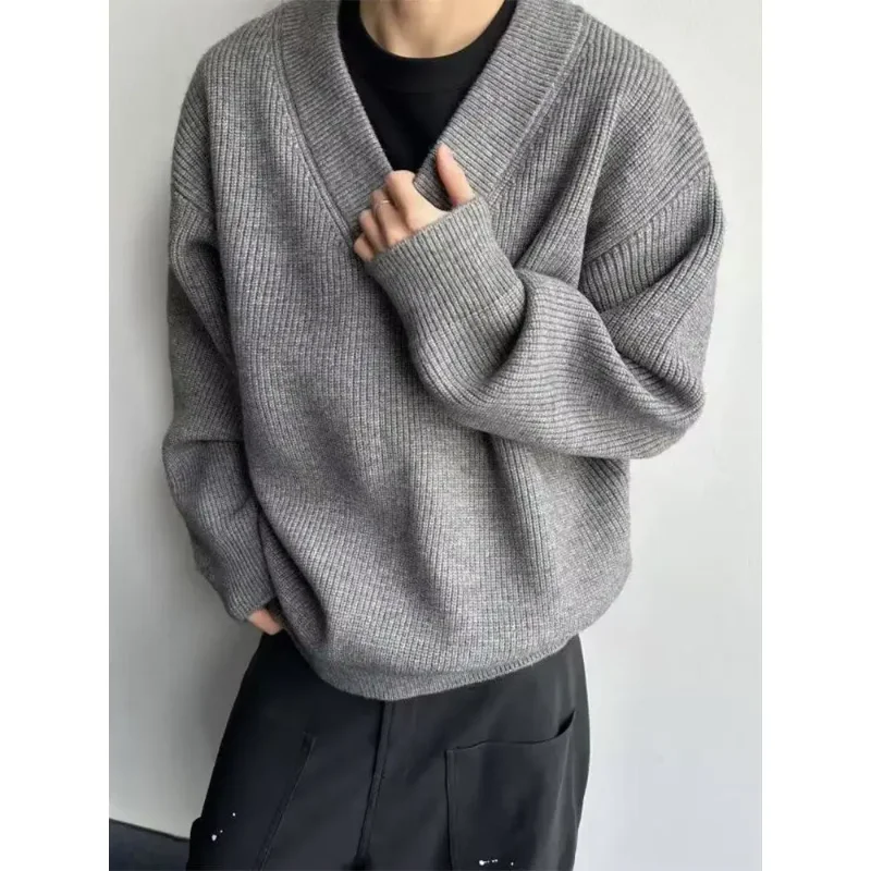 

Hong Kong Style Men Sweater Autumn Winter New Arrival Trendy Loose Lazy Style Knitted Sweater High End Thickened Outerwear Top