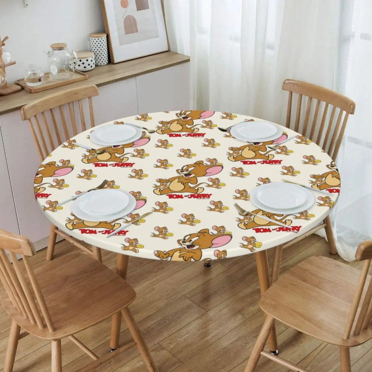 

Customized Round Disney Animation Tom And Jerry Table Cloth Oilproof Tablecloth 45"-50" Table Cover Backed with Elastic Edge