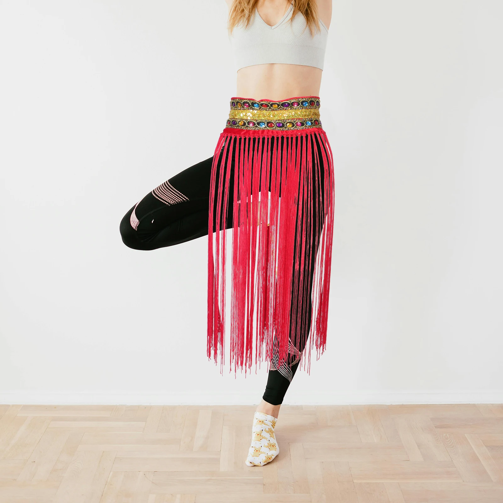 

Sequin Tassel Hip Scarf for Belly Dance Costume Women Red Waist Belt Shiny Lightweight Performance Party Festival Wear Dancer