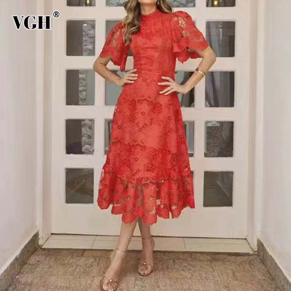 

VGH Retro Embroidery Hollow Out Dresses for Women Stand Collar Flrae Sleeve High Waist Patchwork Ruffles Dress Female Clothing