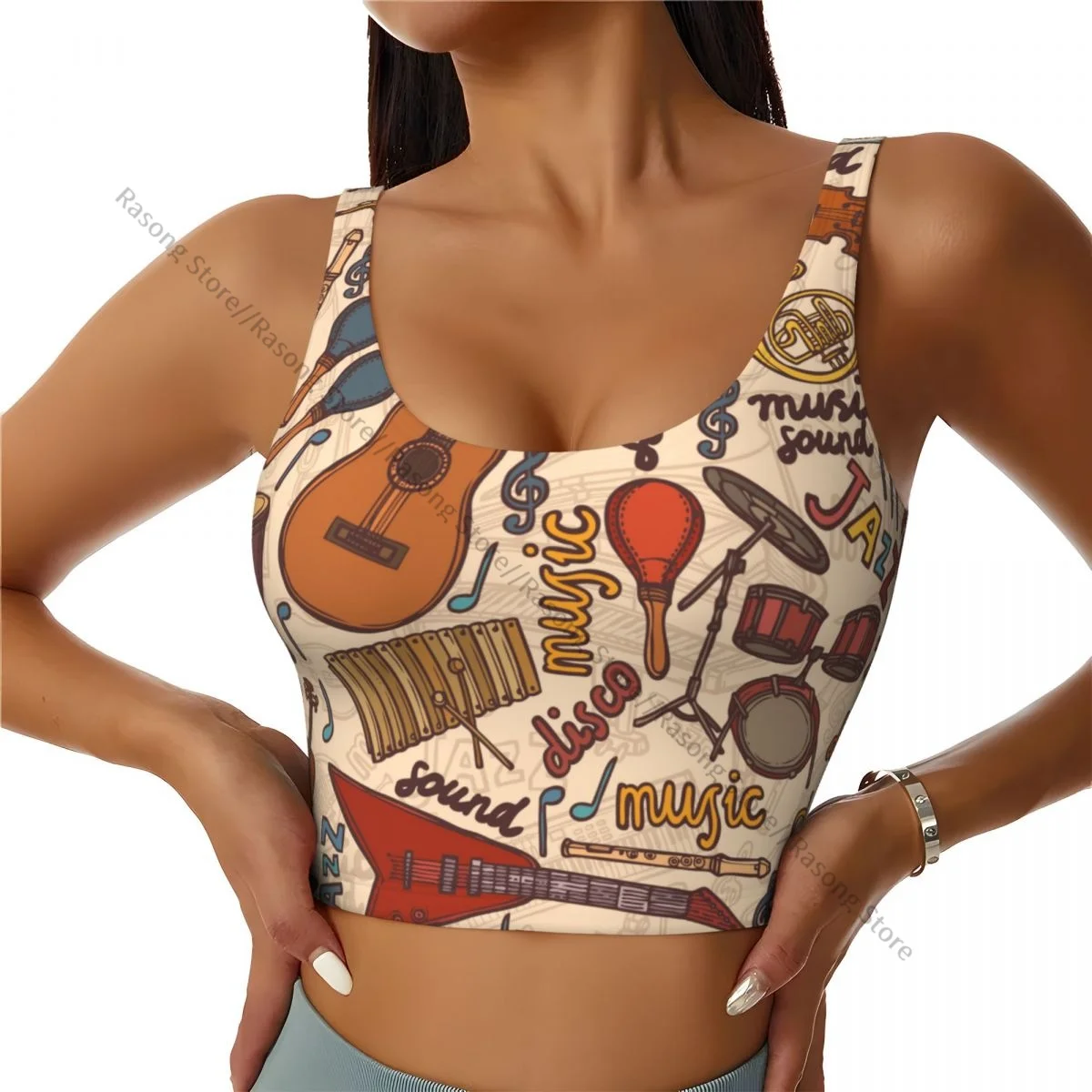 Yoga Vest Women Gym Sports Crop Tops Colorful Musical Instruments Sketch Streetwear Workout Breathable Tank Top Female