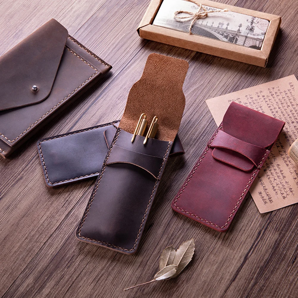 

Pouch Holder Coffee Genuine Hand Stitched Retro Design For Storage Case Organizer Gift Pen Protective Sleeve Pen Bag