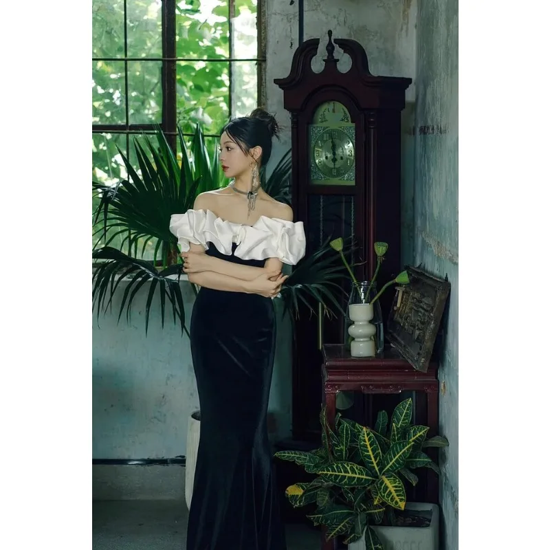 فستان حفلات مسائية طويل أسود أنيق للنساء 2025 أنيق عاري الكتفين بطول الأرض بدون أكمام للحفلات الراقصة فساتين مناسبة رسمية