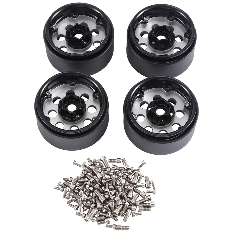 4PCS 1.9 Metal Beadlock 8 Round Hole Wheel Hub Rim For 1/10 RC Crawler Axial SCX10 90046 AXI03007 TRX4 Redcat D90,Silver Parts