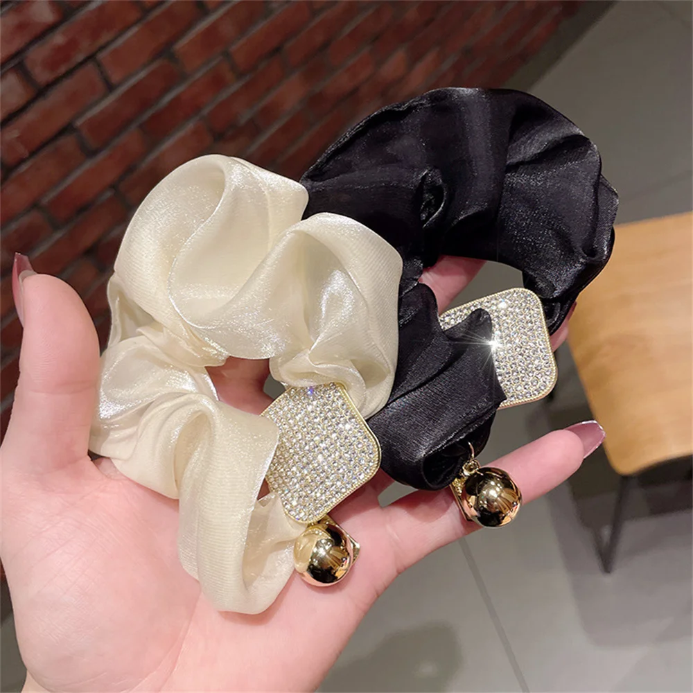 Bingbling Rhinestone Head Ropes For Women Soft Fabric Large Intestine Headwears Bright Golden Ball Pendant Hair Ties