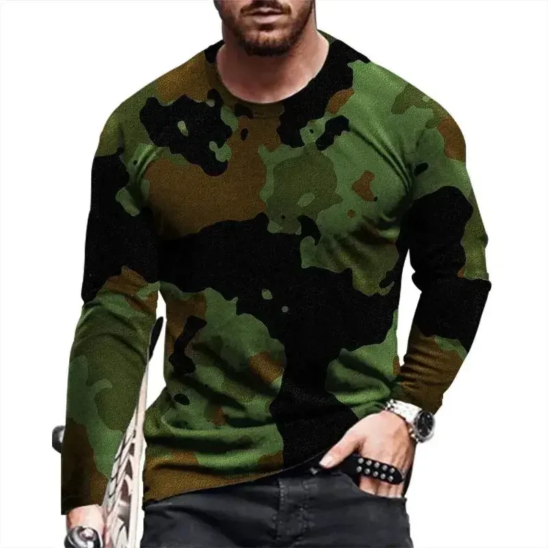 2024 Autumn New Men\'s Slim Fitting Camouflage Printed round neck Long Sleeved T-shirt, Hunting Camping Hiking pullover T-shirt