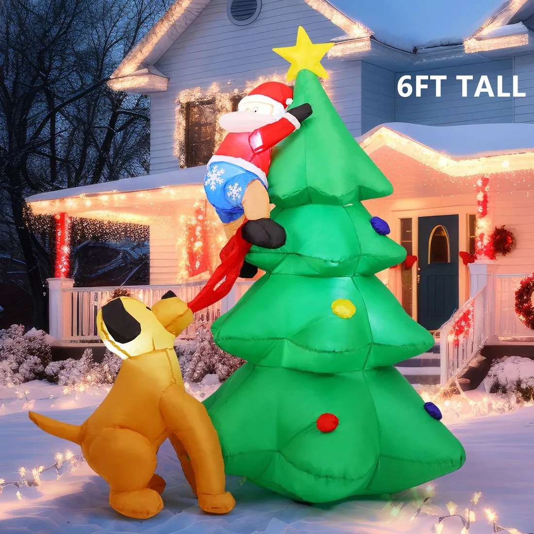 

1.8m 6FT Inflatable Air Model, Dog Chasing Santa Claus, Old Man Climbing Christmas Tree,LED Inflatable Light, Outdoor Decoration