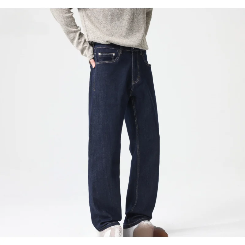 QICHE Autumn Men American Vintage Raw Denim Jeans Loose Straight‑Leg Washed Fabric Casual Long Trousers