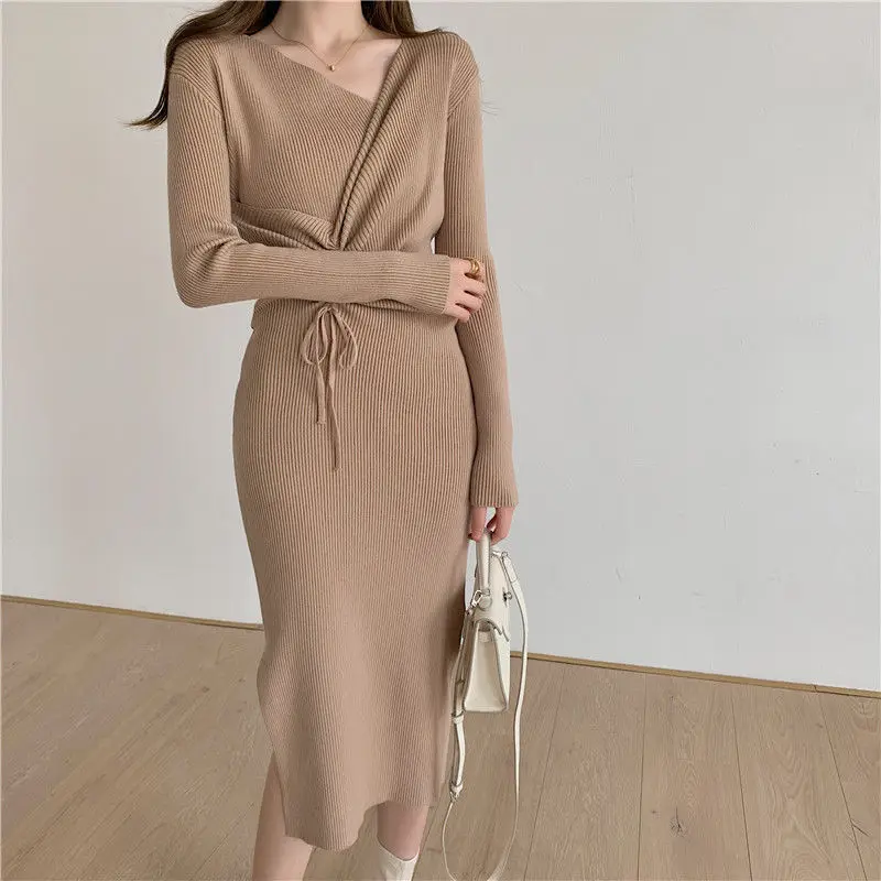 Korejpaa Autumn Knitted Dress 2024 New Korean Fashion V Neck Slimming Drawstring Bodycon Dresses Women Gentle Split Vestidos