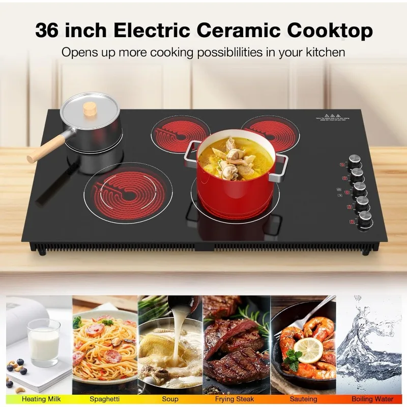 Cooktop elétrico de 36 polegadas, 36 polegadas, cooktop elétrico, 9200w embutido e bancada de 36 polegadas com 9 níveis de energia, bloqueio de segurança infantil