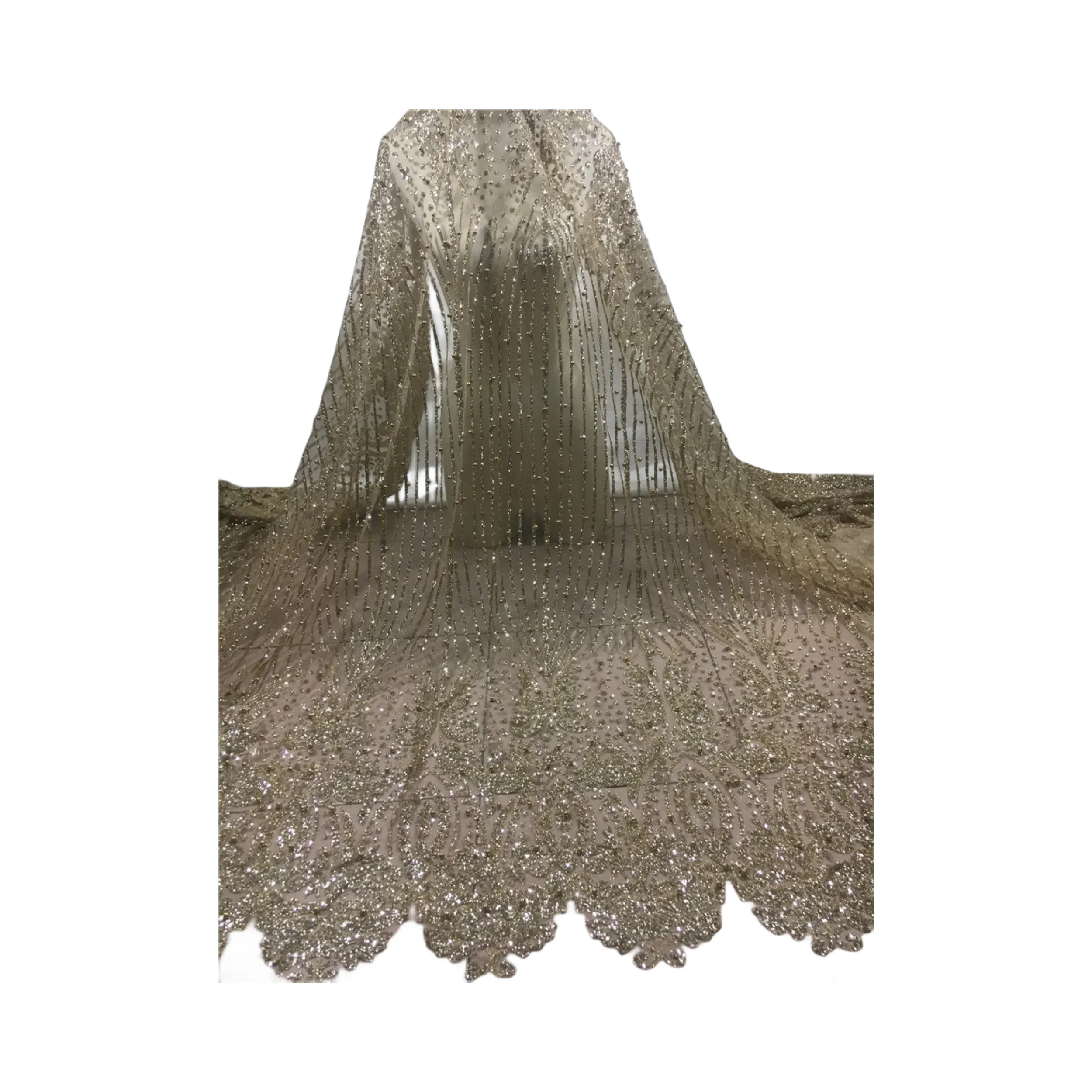 

New Design Gold Fashion Design Shining Glued Glitter African Tulle Mesh Fabric with Beads for Wedding or Evening Dress