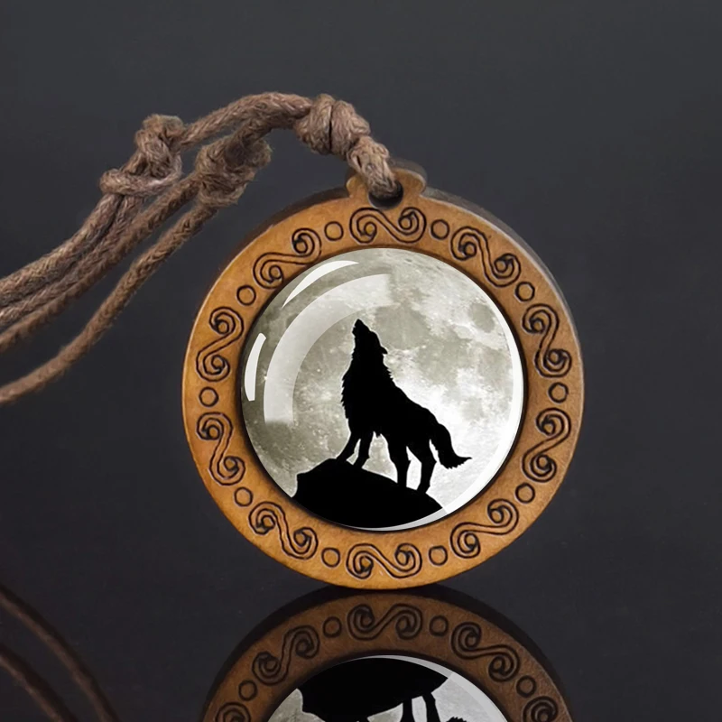 Wolf Glass Dome Necklace Men Vintage Wolf Head Wood Pendant Rope Chain Necklace Retro Jewelry