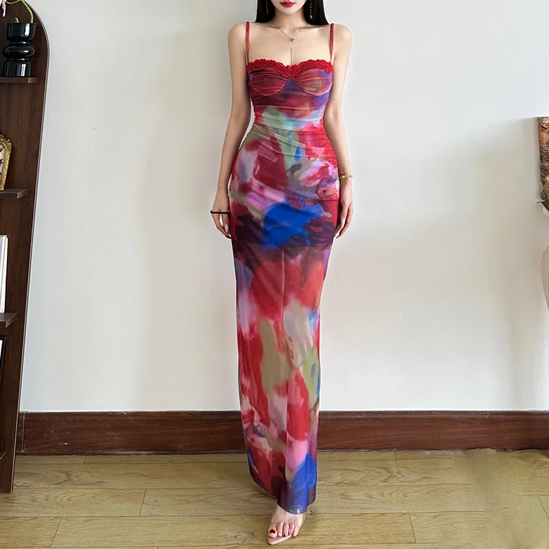 2025 ฤดูร้อนผู้หญิงTie Dye MaxiชุดPatchworkลูกไม้Sheerตาข่ายสปาเก็ตตี้แขนกุดBackless SundressวันหยุดBeachwear