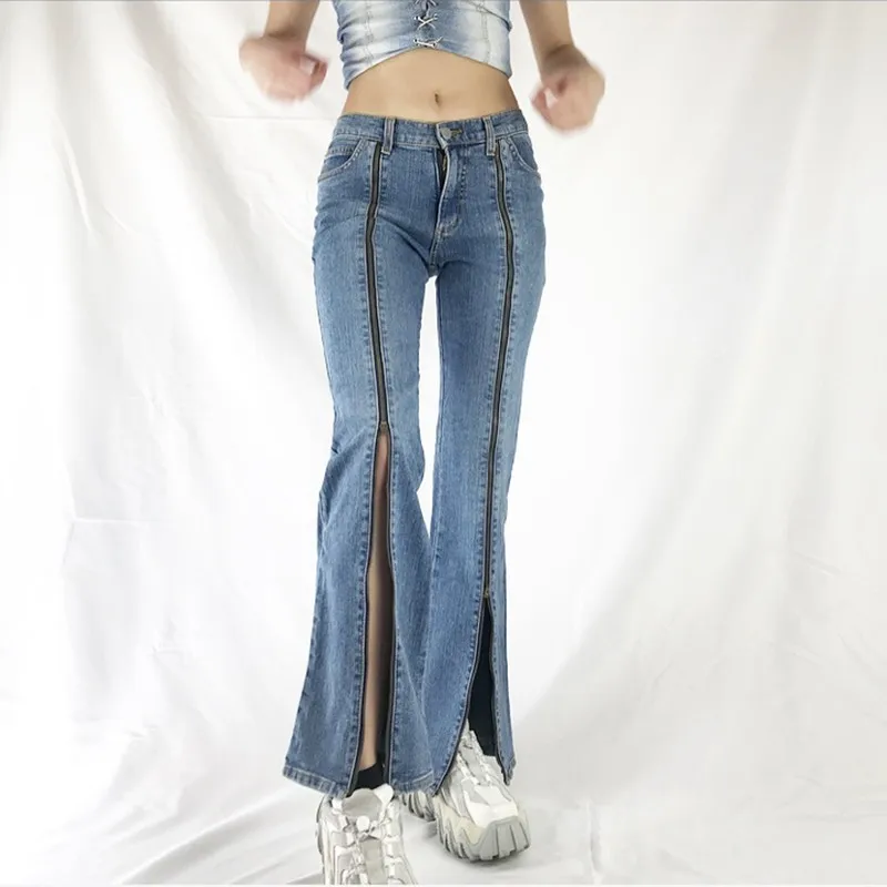 Jeans jeans para mulheres, calças de perna larga com zíperes, bolsos de cintura alta, soltos, sólidos, com comprimento no tornozelo, emendados, casual, lavando, básico, 2024