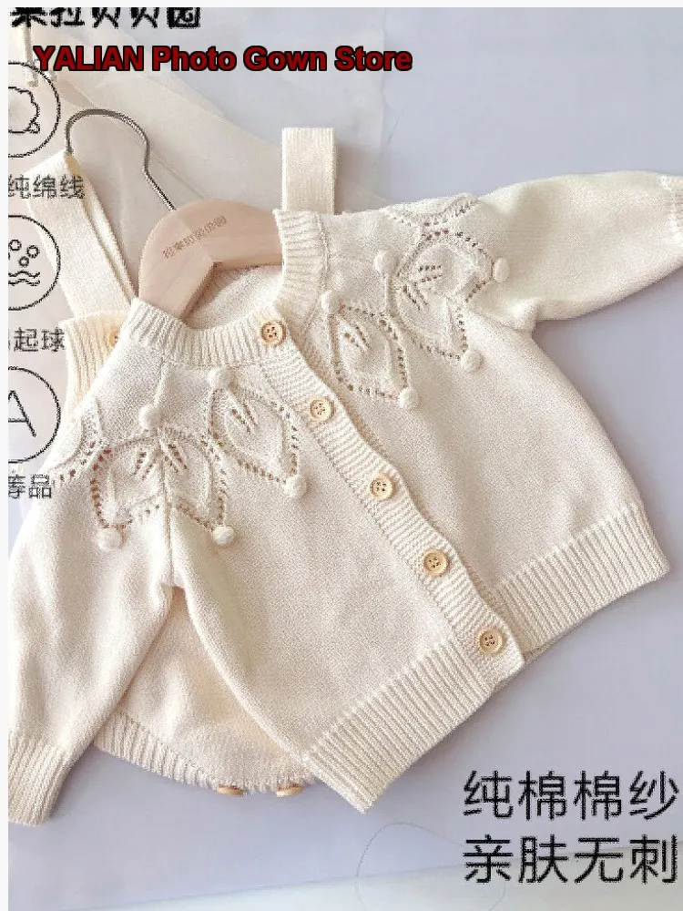 Infant Set Baby Girl Pure Cotton Knit Top Long Sleeves Handmade Pom-Pom