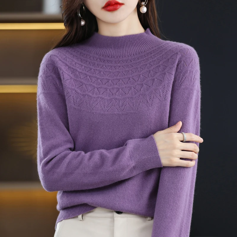 100% Wool Sweater Women Half High Collar Hollow Out Long Sleeve Top Autumn Winter Fashion Knit Female Warm Loose Pullover Jumper