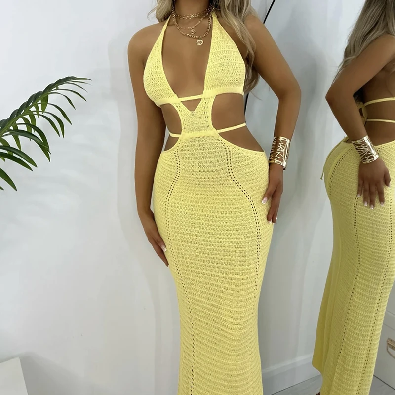 Sexy Style Hollow Out Backless Tie Up Dress Women Beach Vacation Beachwear Cover Up Knitting Sun Bathing Sunscreen Long Dress