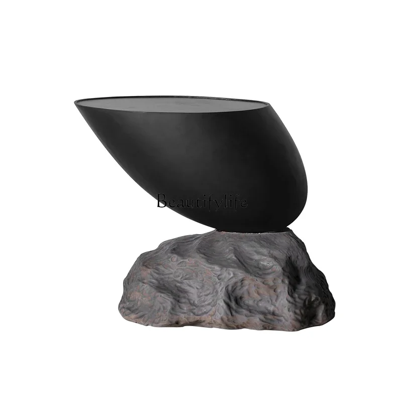 

13Wabi-sandy wind personalized solid wood edge table art special-shaped imitation stone base small coffee table